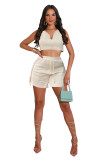 Gray Sexy U Neck Crop Tank and Fringed Shorts Two Piece Set