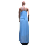 Light Blue Pleated Halter Crop Top and Long Skirt 2PCS Set