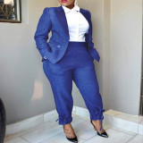Plus Size Navy Casual Blazer and Tie Bottom Pants Two Piece Set