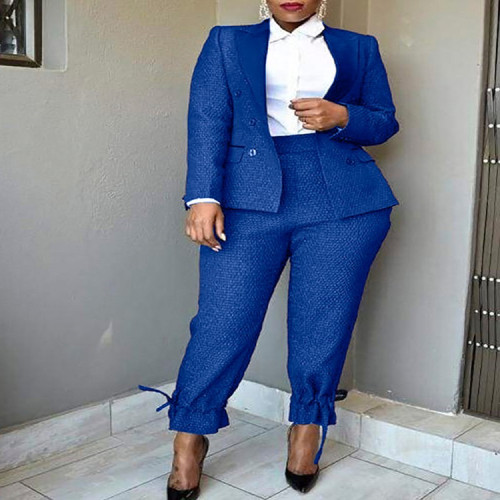 Plus Size Blue Casual Blazer and Tie Bottom Pants Two Piece Set