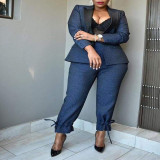 Plus Size Blue Casual Blazer and Tie Bottom Pants Two Piece Set
