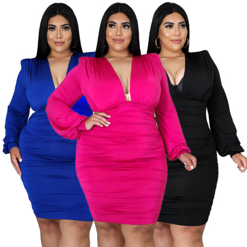 Plus Size Purple Long Sleeve Deep-V Ruched Fitted Dress