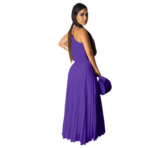 Purple Pleated Halter Crop Top and Long Skirt 2PCS Set