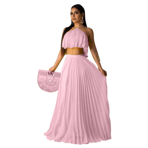 Pink Pleated Halter Crop Top and Long Skirt 2PCS Set