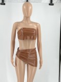 Brown PU Leather Bandeau Top and Low Waist Mini Skirt 2PCS Set