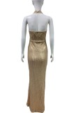 Gold Sequin Halter Sleeveless Backless Slit Maxi Dress