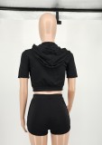 Black Short Sleeves Zip Up Hoody Crop Top and Shorts 2PCS Set