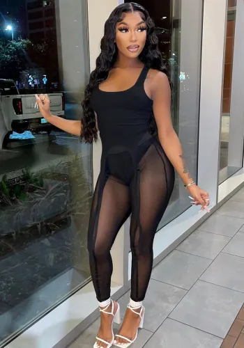 Black Sleeveless Irregular Tank Crop Top and High Waist Mesh Pants 2PCS Set