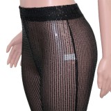 Black Sequin Mesh Halter Sleeveless Crop Top and Skinny See Through Pants 2PCS Set