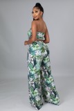 Green Leaf Print White Strapless Tie Bra and High Waist Loose Pants 2PCS Set