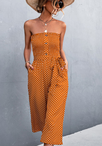 Dot Print Orange Strapless Belted Loose Jumpsuit with Pocket