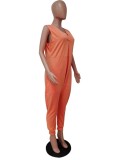 Orange V-Neck Sleeveless Wide Jumpsuit with Pocket