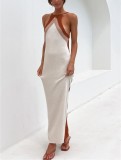 Beige Knitted Sleeveless Backless Cami Maxi Dress