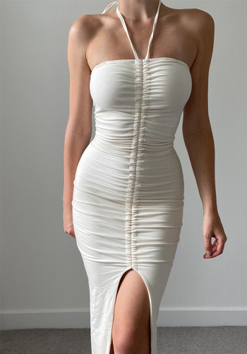 White Halter Sleeveless Slit Cami Long Dress