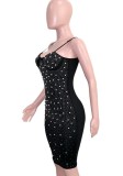 Rhinestone and Pearl Black Sleeveless Cami Mini Dress