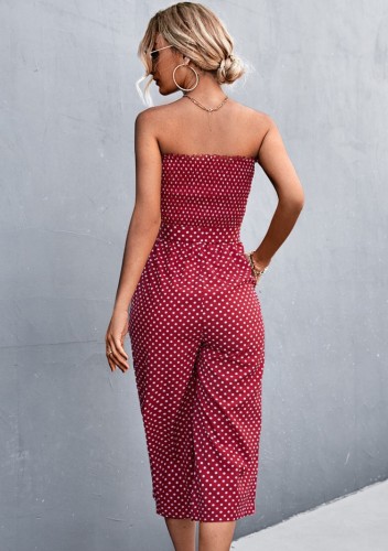 Dot Print Burgunry Strapless Belted Loose Jumpsuit with Pocket