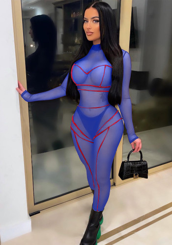 Blue Mesh See Through Round Neck Long Sleeves Fitted Jumpsuit