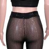 Black Sequin Mesh Halter Sleeveless Crop Top and Skinny See Through Pants 2PCS Set