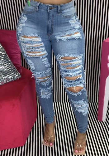 Blue High Waist Ripped Jeans with Pocket