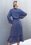 Floral Print Blue V-Neck Long Sleeves Ruffles Long Loose Dress