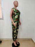 Camo Print Green Sleeveless V-Neck Loose Jumpsuit