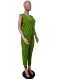 Green V-Neck Sleeveless Wide Jumpsuit with Pocket