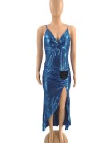 Metallic Blue V-Neck Cami Ruched Slit Long Dress