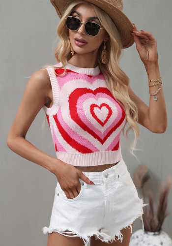 Heart Pink Kintted O-Neck Sleeveless Tank Top