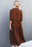 Dot Print Brown V-Neck Half Sleeves Long Wide Dress