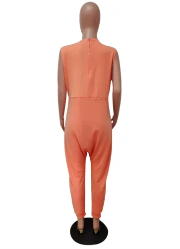 Orange V-Neck Sleeveless Wide Jumpsuit with Pocket