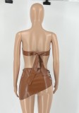 Brown PU Leather Bandeau Top and Low Waist Mini Skirt 2PCS Set