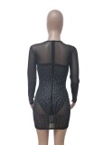 Black Crystal Mesh See Through O-Neck Long Sleeve Mini Dress