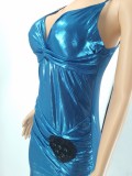 Metallic Blue V-Neck Cami Ruched Slit Long Dress