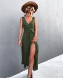 Green V-Neck Sleeveless Slit A-line Dress with Belt