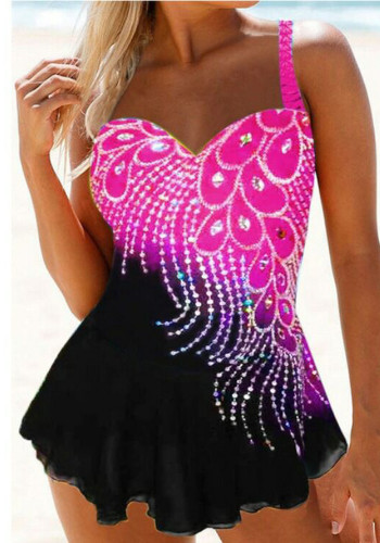 Plus Size Print Pink and Black Cami Sweetheart Collar One Piece Swimwear