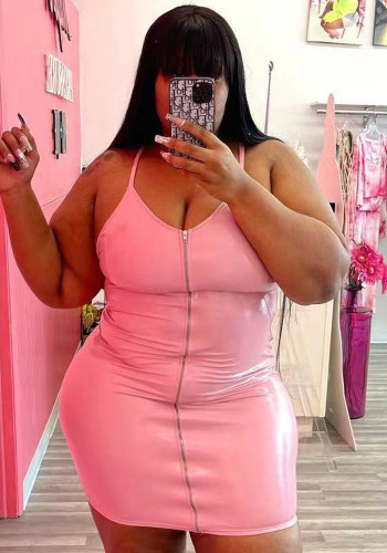 Plus Size Pink PU Leather V-Neck Sleeveless Zip Up Cami Mini Dress