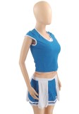 Blue O-Neck Short Sleeves Crop Top and High Waist Mini Skirt 2PCS Sets