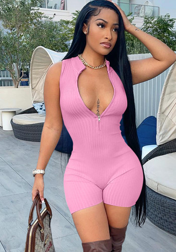 Pink Zipper Up Sleeveless Slim Fit Rompers
