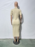 Khaki Turndown Collar V-Neck Short Sleeves Slit Midi Dress