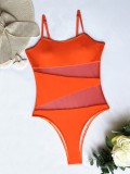 Orange Mesh Patched High-Leg Cami One Piece Swimsuit