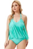 Plus Size Blue Halter Tassel One Piece Cami Swimwear