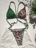 Leopard Print Green Triangle Cami Bra High Cut One Piece Swimsuit
