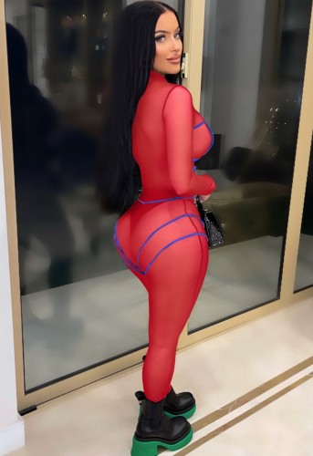 Red Mesh See Through Round Neck Long Sleeves Fitted Jumpsuit