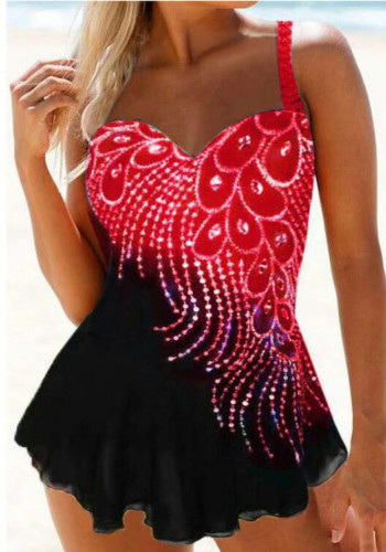 Plus Size Print Red and Black Cami Sweetheart Collar One Piece Swimwear