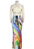 Multicolor Print Halter Sleeveless Backless Cami Maxi Dress