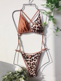 Leopard Print Brown Triangle Cami Bra High Cut One Piece Swimsuit