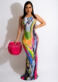 Multicolor Print Halter Sleeveless Backless Cami Maxi Dress
