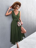 Green V-Neck Sleeveless Slit A-line Dress with Belt