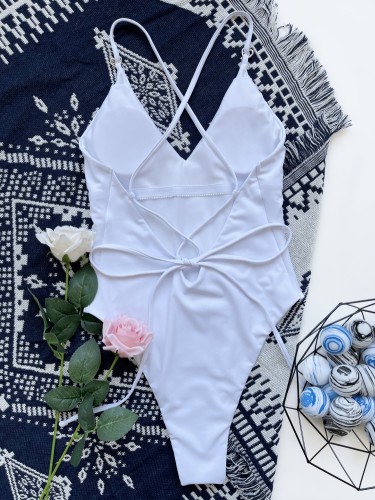 White Cami V-Neck Backless One Piece Swimsuit