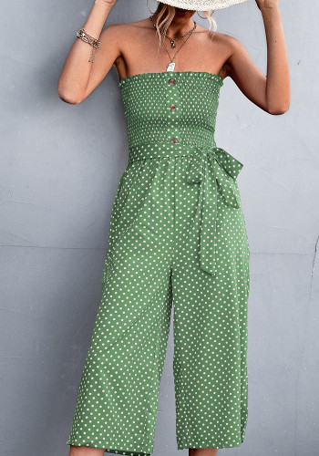 Dot Print Green Strapless Belted Loose Jumpsuit with Pocket